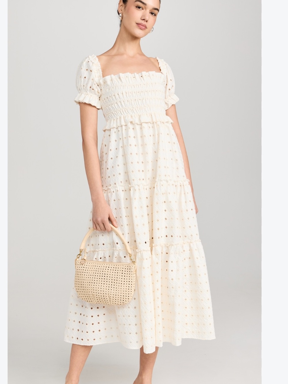 O.P.T WOMENS BOBI EYELET SMOCKED MAXI DRESS IVORY CREAM SMALL COTTON